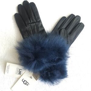 UGG Black LEATHER GLOVES  REAL FUR Blue W/ Shearling cuffs size medium